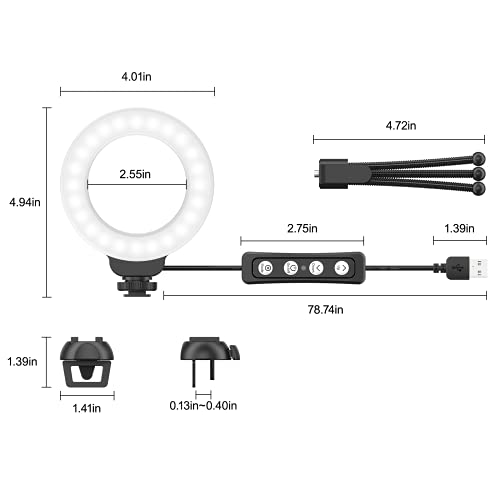 Đèn vòng LED Ruyilam, 4 inch, 3 chế độ màu, Độ sáng cao, Loại kẹp, Cấp nguồn USB, Làm mờ 10 cấp độ, Đèn vòng, Bao gồm chân máy, Tương thích với máy tính xách tay