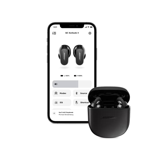 Tai nghe Bose QuietComfort Earbuds II Hoàn toàn không dây, Chống ồn, Kết nối Bluetooth, Có Micrô, Phát lại lên đến 6 giờ + 18 giờ, Thao tác chạm, Chống tia nước (IPX4), Ba màu đen