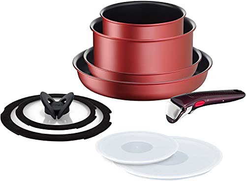 Bộ nồi và chảo Tefal có tay cầm rời Bộ 9 món Tương thích với lửa gas IH "Ingenio Neo IH Rouge Unlimited" Chống dính màu đỏ L38392