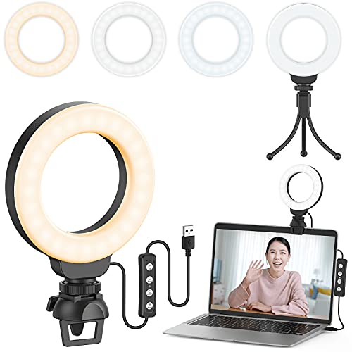 Đèn vòng LED Ruyilam, 4 inch, 3 chế độ màu, Độ sáng cao, Loại kẹp, Cấp nguồn USB, Làm mờ 10 cấp độ, Đèn vòng, Bao gồm chân máy, Tương thích với máy tính xách tay