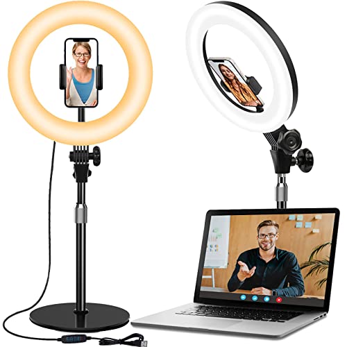 Yarrashop Đèn LED dạng vòng 10 inch, Máy tính, Đèn dạng vòng USB, Đèn dành cho nữ diễn viên, Để bàn, Giá đỡ điện thoại thông minh có đèn, Đèn selfie 10 mức độ mờ , 3 Chế độ màu, 3500K-6000K, Độ ổn định tuyệt vời, Cao