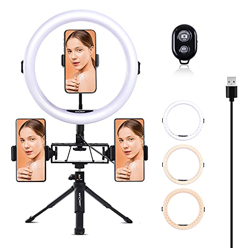 Đèn LED dạng vòng K&F Concept, Đèn selfie 11 inch, 3 giá đỡ điện thoại thông minh, Đế đèn cầm tay để bàn, Điều chỉnh 360 độ, 3 chế độ màu, Điều khiển từ xa Bluetooth