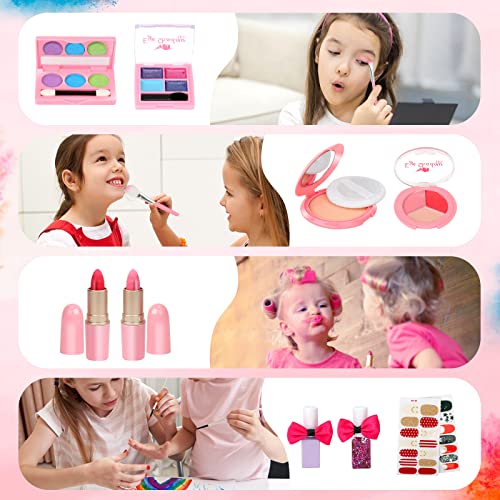 Flybay Kids Girls Makeup Kit Bộ mỹ phẩm thực tế có thể giặt được cho bé gái Trẻ em Công chúa Mỹ phẩm đồ chơi Giả vờ chơi Bộ trang điểm Đồ chơi Giáng sinh Quà tặng kèm hộp đựng đồ trang điểm cho bé gái 4 5 6 7 8 tuổi