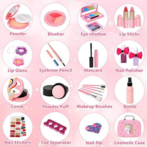 Flybay Kids Girls Makeup Kit Bộ mỹ phẩm thực tế có thể giặt được cho bé gái Trẻ em Công chúa Mỹ phẩm đồ chơi Giả vờ chơi Bộ trang điểm Đồ chơi Giáng sinh Quà tặng kèm hộp đựng đồ trang điểm cho bé gái 4 5 6 7 8 tuổi