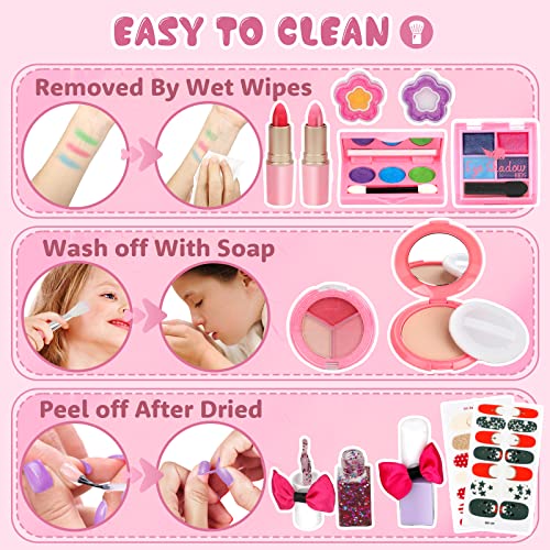 Flybay Kids Girls Makeup Kit Bộ mỹ phẩm thực tế có thể giặt được cho bé gái Trẻ em Công chúa Mỹ phẩm đồ chơi Giả vờ chơi Bộ trang điểm Đồ chơi Giáng sinh Quà tặng kèm hộp đựng đồ trang điểm cho bé gái 4 5 6 7 8 tuổi