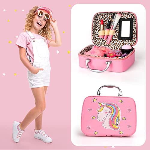 Flybay Kids Girls Makeup Kit Bộ mỹ phẩm thực tế có thể giặt được cho bé gái Trẻ em Công chúa Mỹ phẩm đồ chơi Giả vờ chơi Bộ trang điểm Đồ chơi Giáng sinh Quà tặng kèm hộp đựng đồ trang điểm cho bé gái 4 5 6 7 8 tuổi