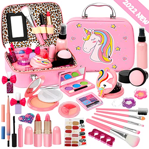 Flybay Kids Girls Makeup Kit Bộ mỹ phẩm thực tế có thể giặt được cho bé gái Trẻ em Công chúa Mỹ phẩm đồ chơi Giả vờ chơi Bộ trang điểm Đồ chơi Giáng sinh Quà tặng kèm hộp đựng đồ trang điểm cho bé gái 4 5 6 7 8 tuổi