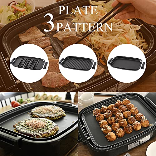 [Yamazen] Bếp nướng 3WAY (Tấm phẳng/Tấm gợn sóng/Tấm Takoyaki) Có thể tháo rời Thao tác một chạm Nắp Bao gồm Lớp phủ Fluorine EDH-T1300(B)